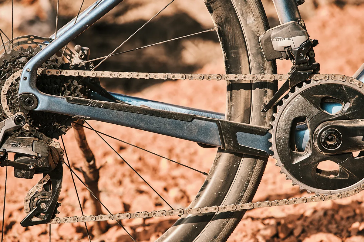 The Liv Devote Advanced Pro women's gravel bike has a protector on the chainstay