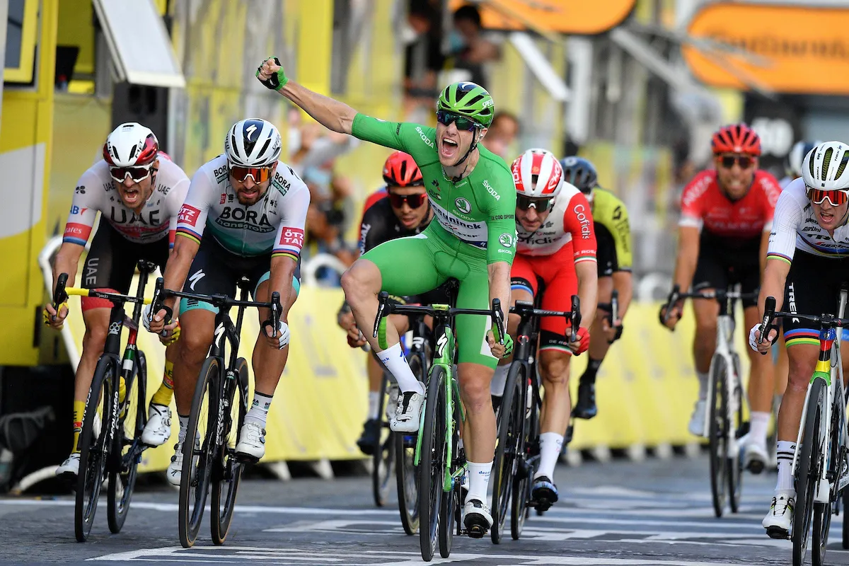 Sam Bennett winning stage 21 of the 2020 Tour de France