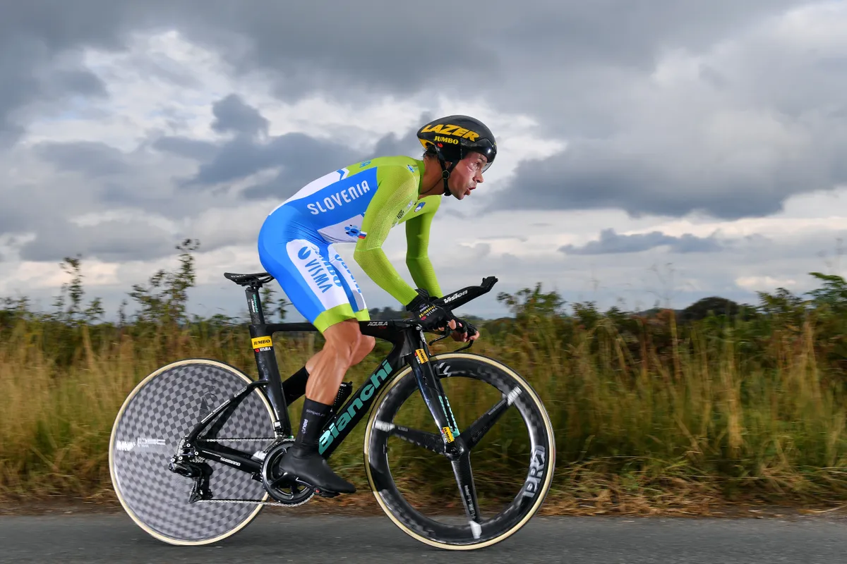 HARROGATE, ENGLAND - SEPTEMBER 25: Primoz Roglic of Slovenia / during the 92nd UCI Road World Championships 2019, Individual Time Trial Men Elite a 54km race from Northhallerton to Harrogate 121m / ITT / @Yorkshire2019 / #Yorkshire2019 / on September 25, 2019 in Harrogate, England. (Photo by Tim de Waele/Getty Images)