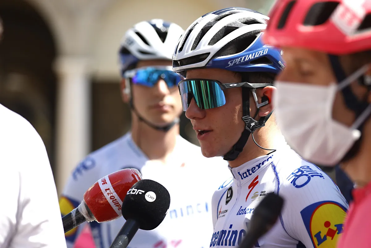 BERGAMO, ITALY - AUGUST 15: Remco Evenepoel of Deceuninck Quick-Step team speaks during an interview before the start of 114th Il Lombardia 2020 on August 15, 2020 in Bergamo, Italy. (Photo by Sara Cavallini/Getty Images)