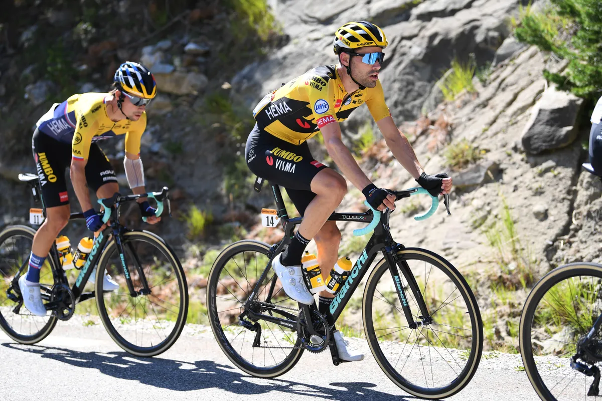 ORCIERES, FRANCE - SEPTEMBER 01: Tom Dumoulin of The Netherlands and Team Jumbo - Visma / Primoz Roglic of Slovenia and Team Jumbo - Visma / during the 107th Tour de France 2020, Stage 4 a 160,5km stage from Sisteron to Orcieres-Merlette 1825m / #TDF2020 / @LeTour / on September 01, 2020 in Orcieres, France. (Photo by Tim de Waele/Getty Images)