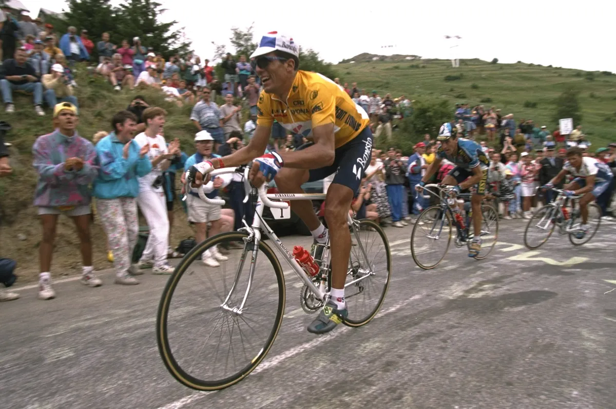 1994: Miguel Indurain of Spain and team Banesto is pursued by Luc Leblanc on Stage 16 of the Tour de France between Valreas and LAlpe d''Huez in France. Mandatory Credit: Pascal Rondeau/Allsport