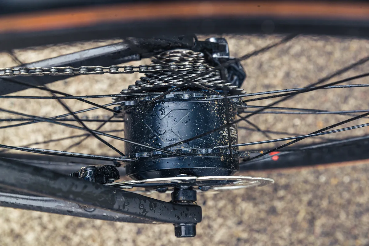 The eBikemotion motor on the Scott Addict eRIDE Premium is housed in the rear hub