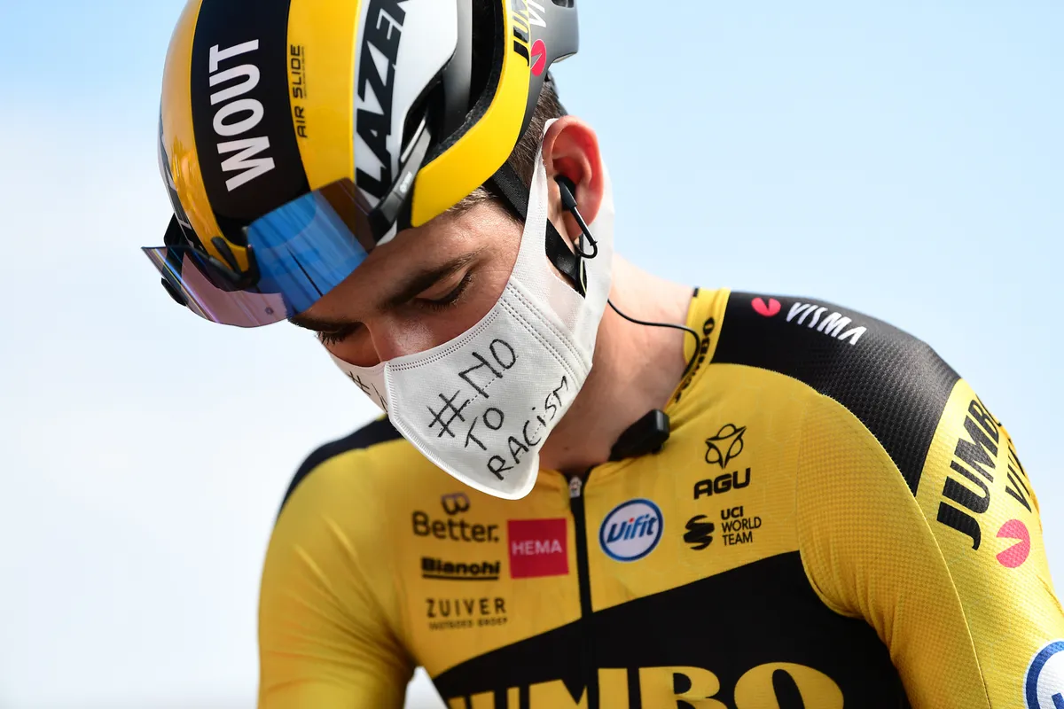 Wout Van Aert at the 2020 Tour de France wearing a No To Racism mask