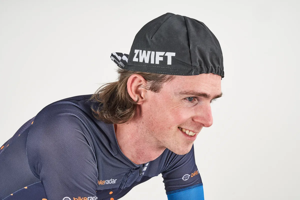 Simon von Bromley of BikeRadar wearing a Zwift cycling gap
