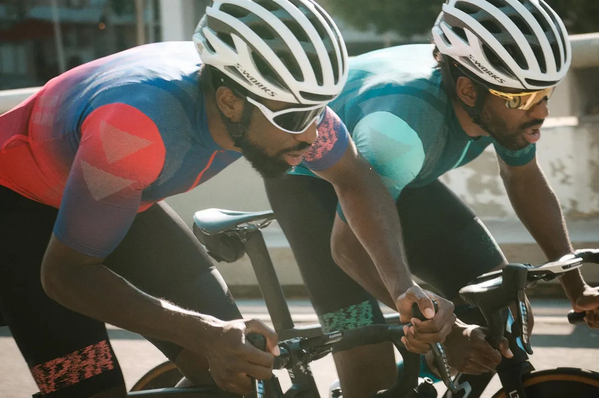 Justin and Cory Williams wearing Rapha's crit collection