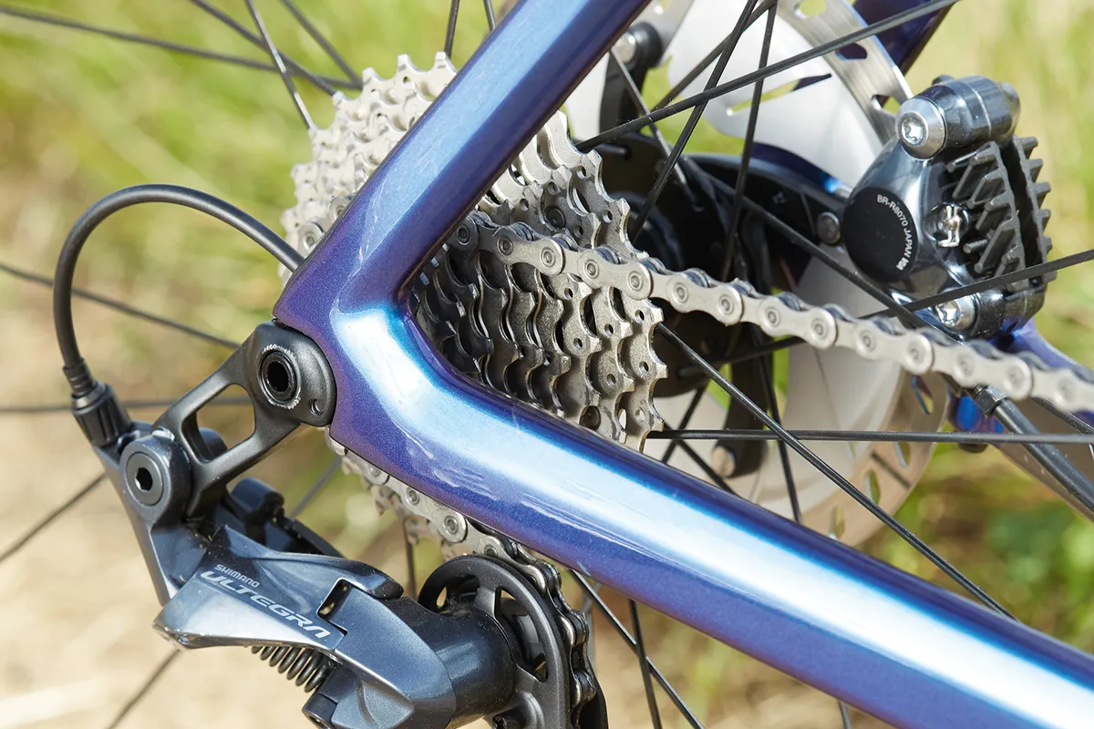 The Rose Reveal Four Disc Ultegra road bikes frame has skinny stays