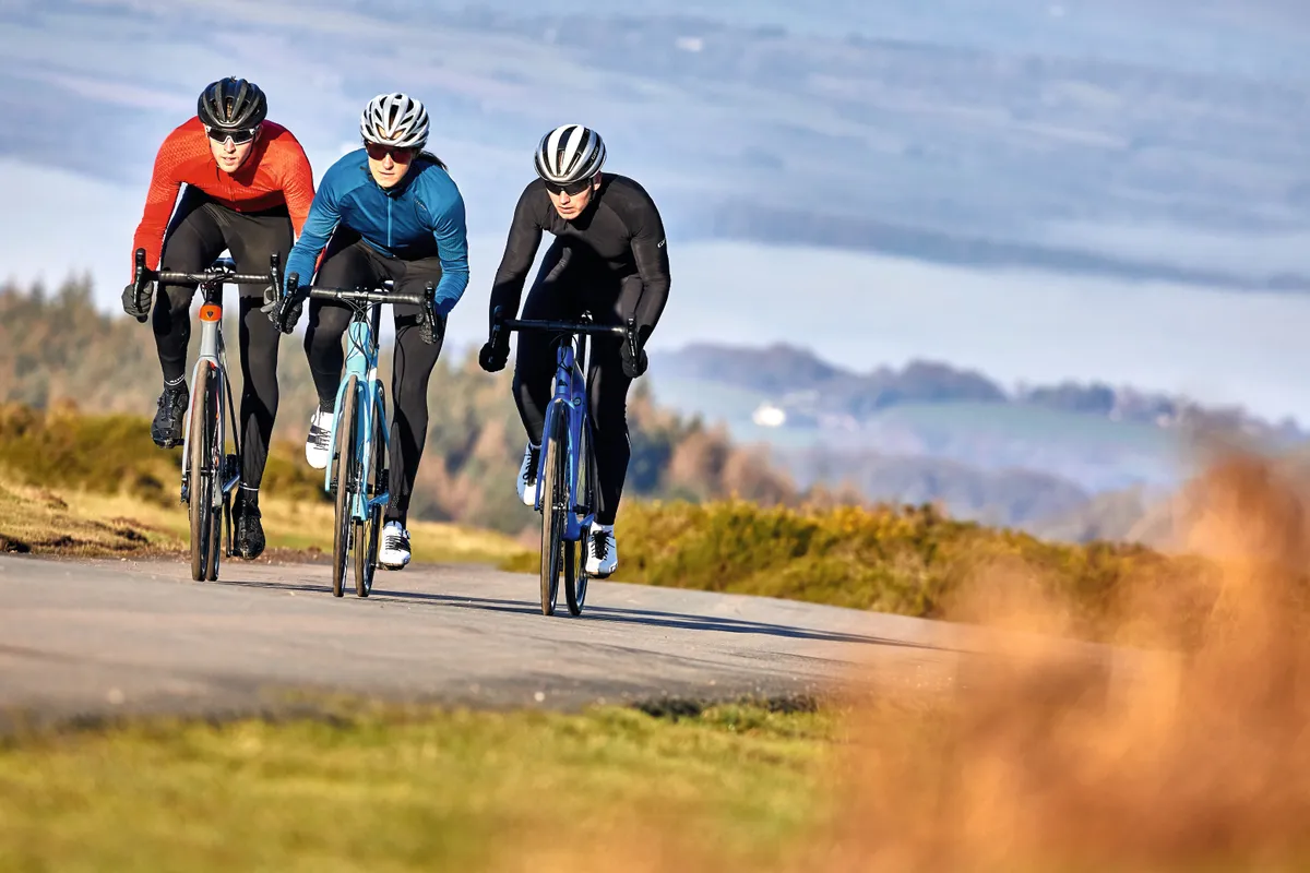 Group of cyclists riding in winter