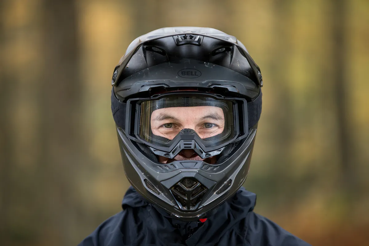 Front view of the Brand-X G-1 Outrigger goggles being worn by mountain biker