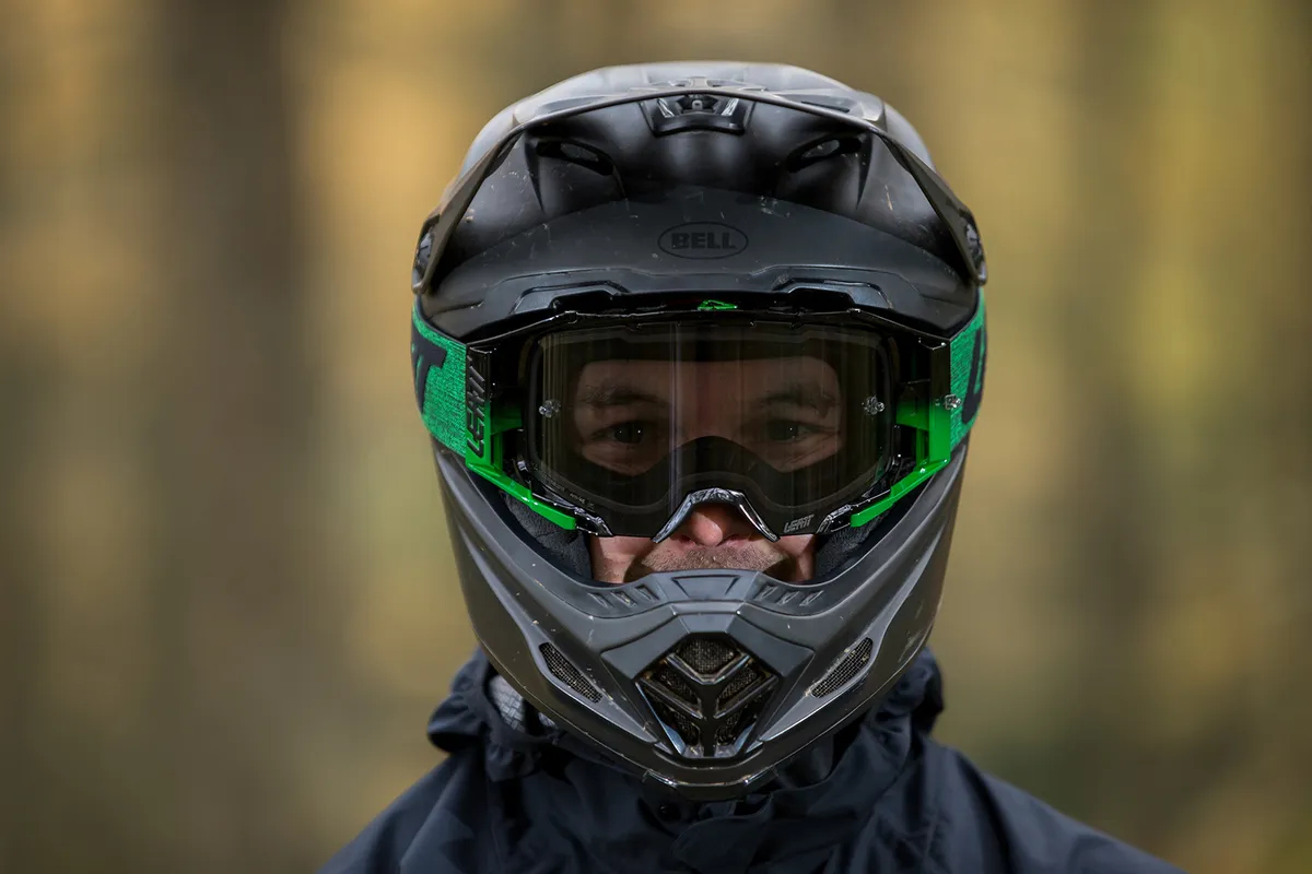 Front view of the Leatt Velocity 6.5 goggles worn by mountain biker