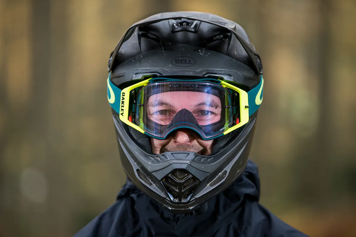 Front view of the Oakley Airbrake MTB goggles being worn by mountain biker