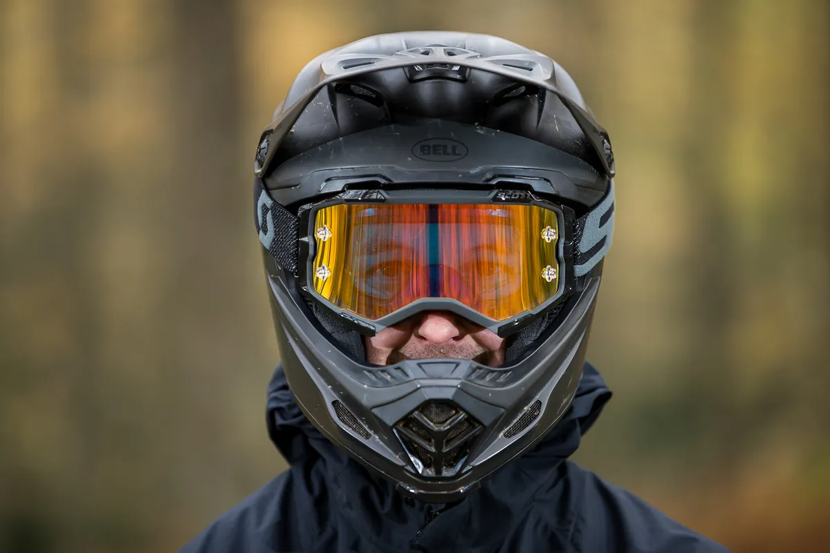 Front view of the Scott Fury mountain biking goggles being worn by mountain biker