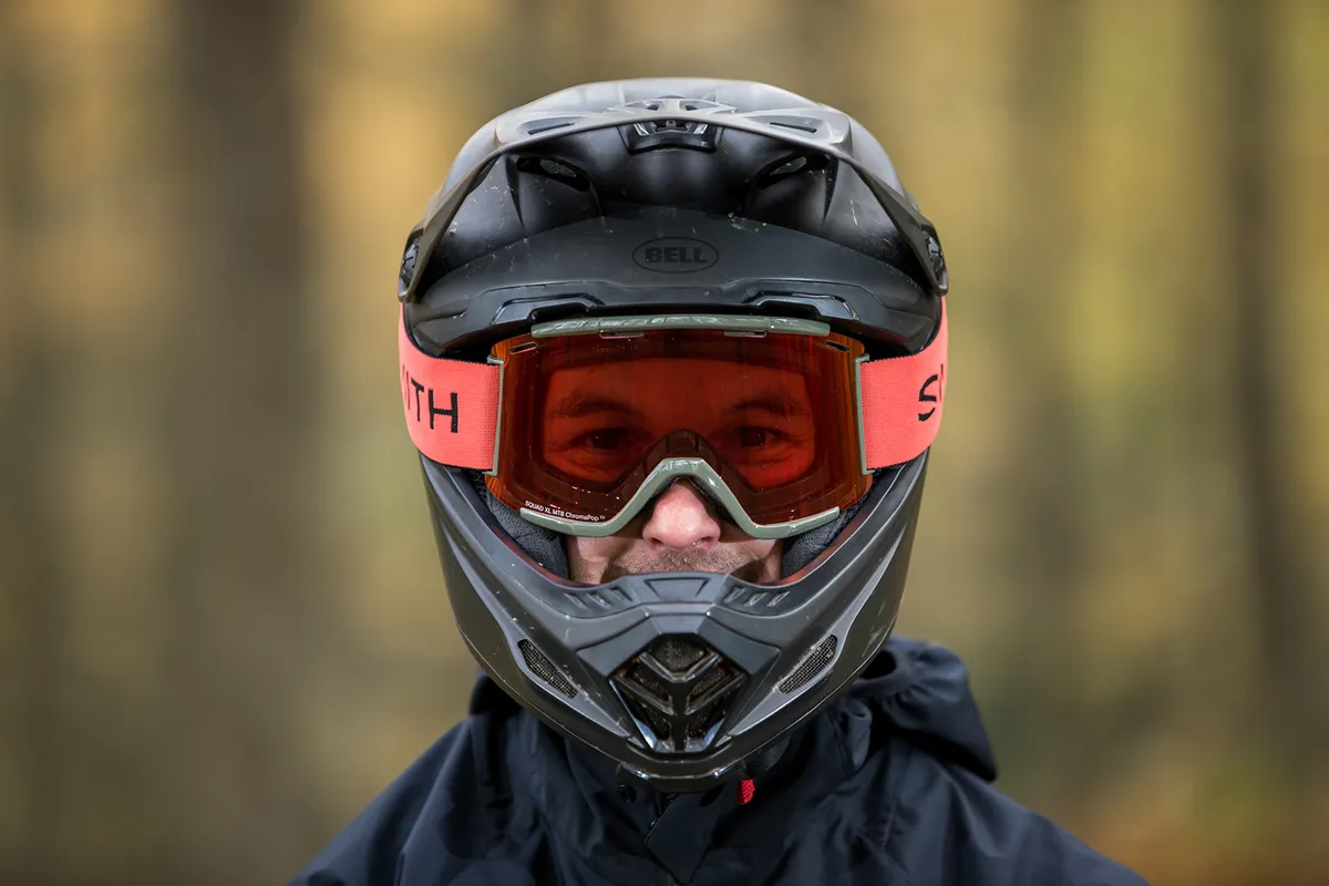 Front on view of the Smith Squad XL MTB goggles being worn by a mountain biker