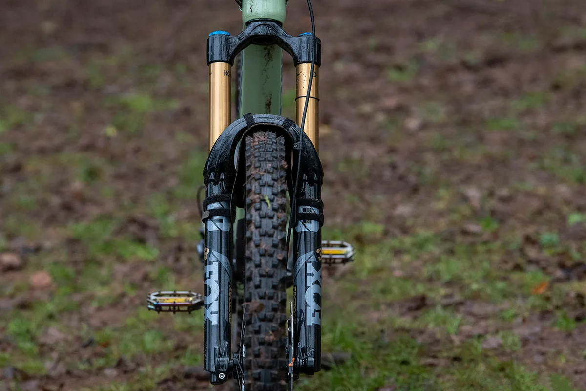 Top of the Nukeproof Giga full suspension mountain bike comes with a Fox 38 Factory fork
