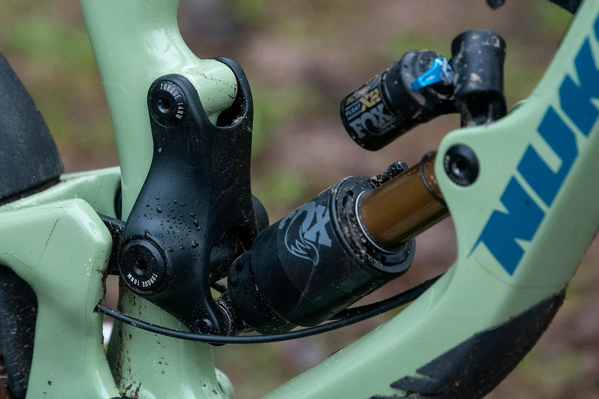 Rear shock and linkage system on the Nukeproof Giga full suspension mountain bike