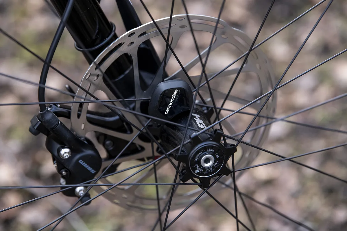 GPS sensor on front wheel on the Cannondale Scalpel SE LTD full-suspension mountain bike