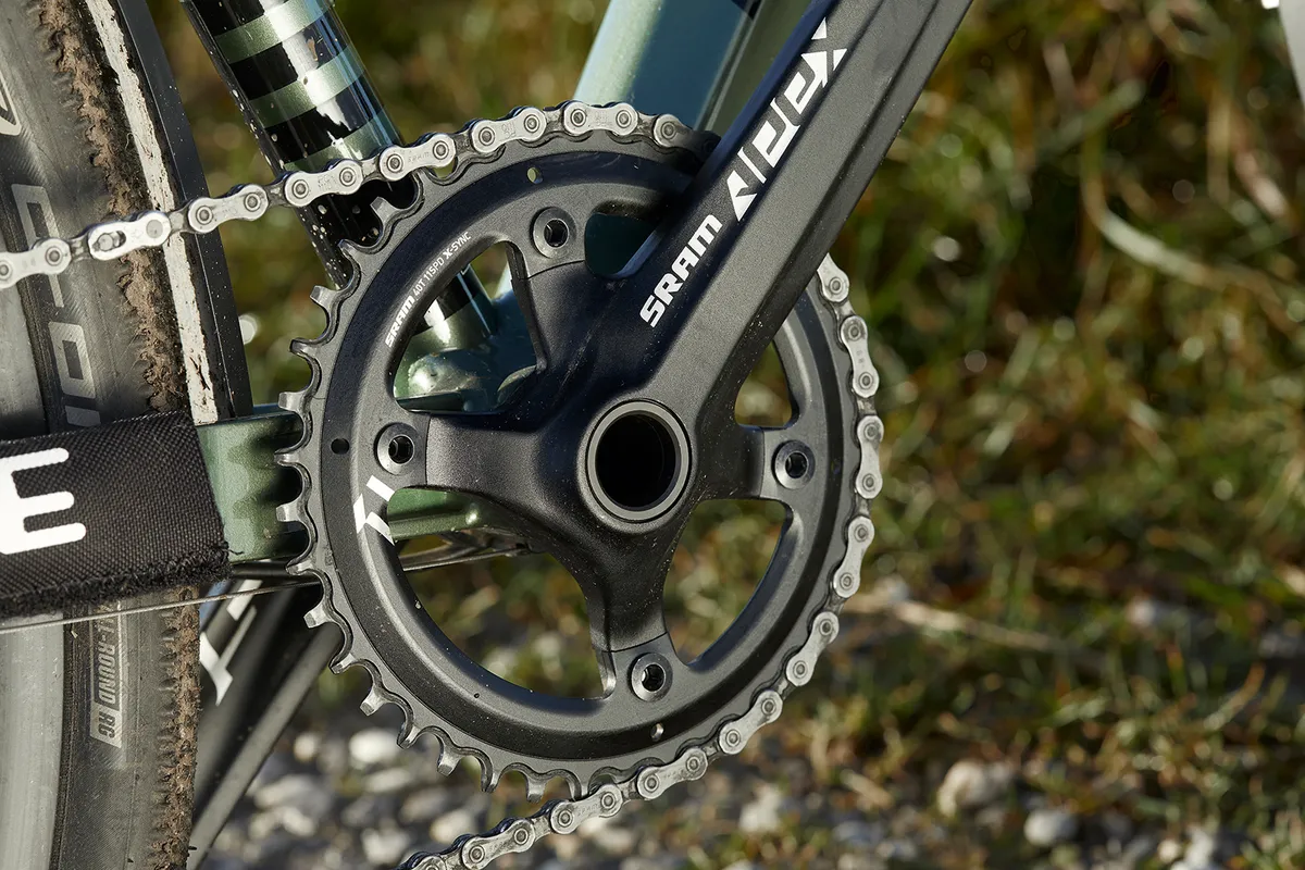 The Kinesis Tripster AT gravel/road bike is equipped with a SRAM Apex 1 drivetrain