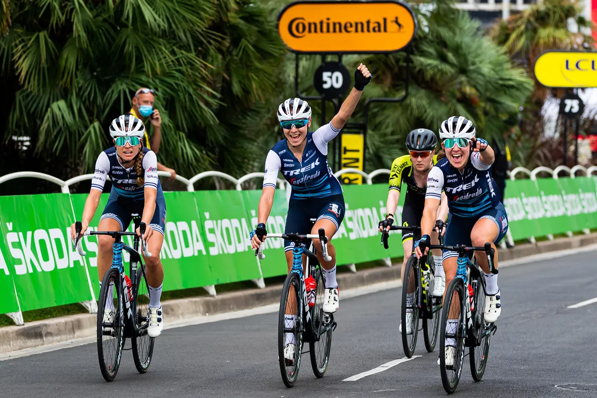 La Course by le Tour de France women's cycling race, Trek-Segafredo riders celebrate Lizzie Deignan's win
