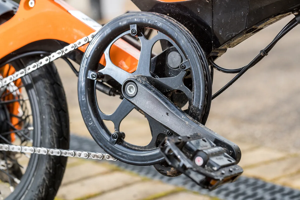 The MiRider One folding bike has a chainring guide