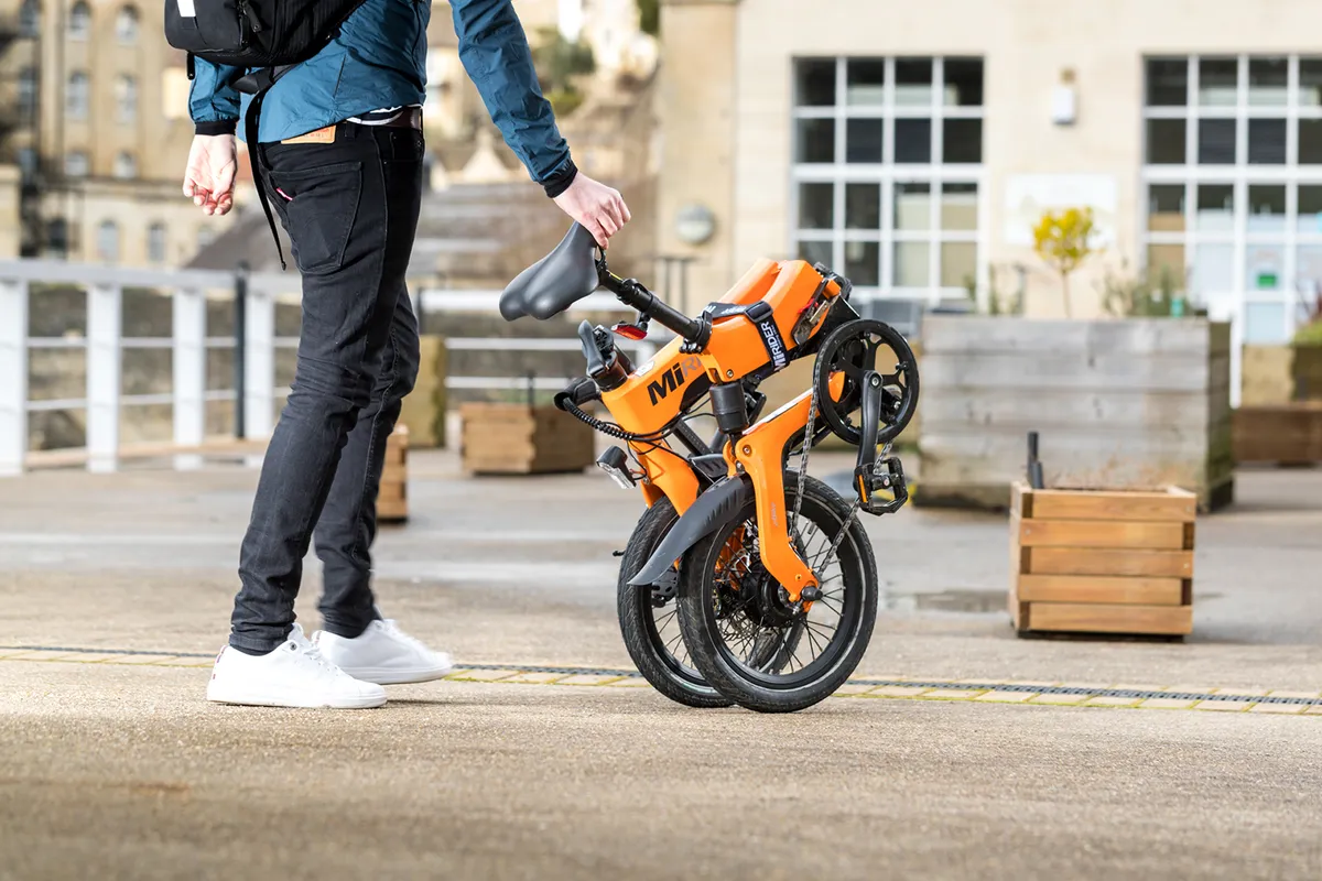 The MiRider One folding bike in its folded position