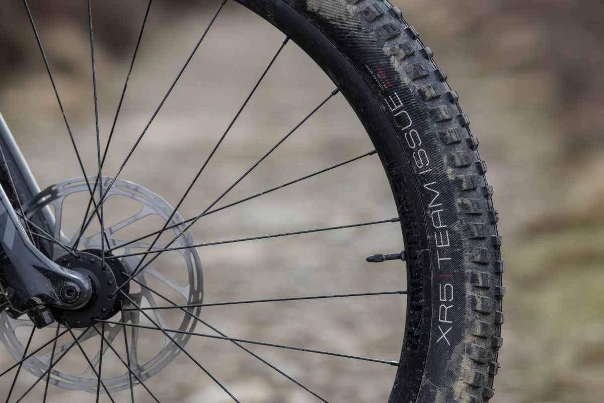 Bontrager XR5 Team Issue tyre on the front of the Trek Slash 8 full suspension mountain bike