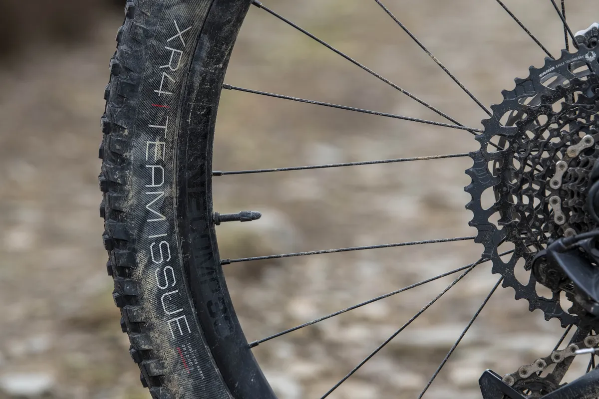Bontrager XR4 Team Issue tyre on the rear of the Trek Slash 8 full suspension mountain bike