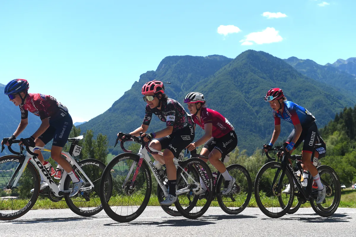 SAN LORENZO DORSINO, ITALY - JULY 09: (L-R) Petra Stiasny of Switzerland and Team Roland Cogeas Edelweiss/Israel-Premier Tech, Kathrin Hammes of Germany and Team EF Education - Tibco - Svb, Lotte Kopecky of Belgium and Team SD Worx Pink UCI Women’s WorldTour Leader Jersey and Hanna Nilsson of Sweden and Ceratizit – WNT Pro Cycling Team compete during the 33rd Giro d'Italia Donne 2022 - Stage 9 a 112,8km stage from San Michele All’Adige to San Lorenzo Dorsino 727m / #GiroDonne / #UCIWWT / on July 09, 2022 in San Lorenzo Dorsino, Italy.
