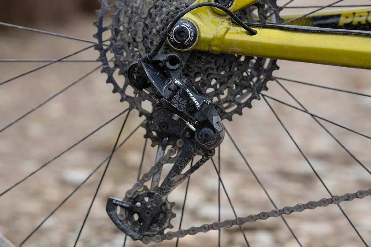 The Kona Process 153 DL 29 full suspension mountain bike is equipped with a GX Eagle rear mech