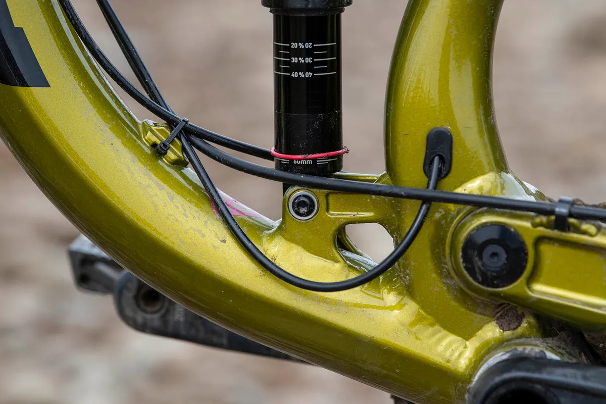 The Kona Process 153 DL 29 full suspension mountain bike has external cabling