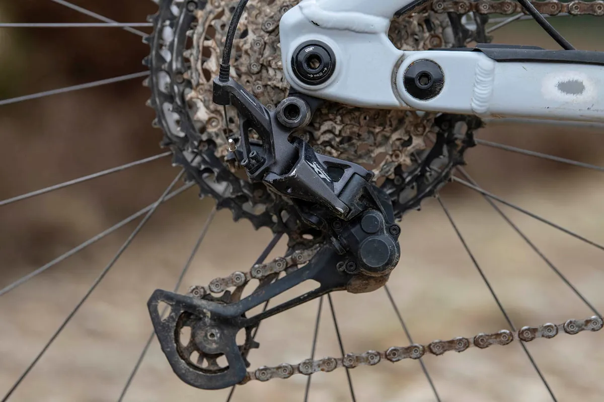 The Vitus Sommet CRX 29 full suspension mountain bike is equipped with a Shimano XT drivetrain