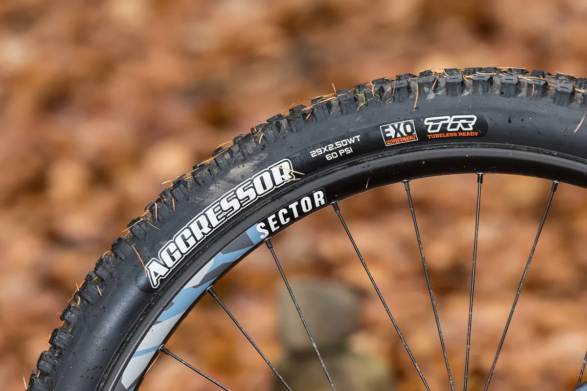 Maxxis Aggressor EXO TR tyre on the rear of the hardtail Kinesis Rise Pro eMTB