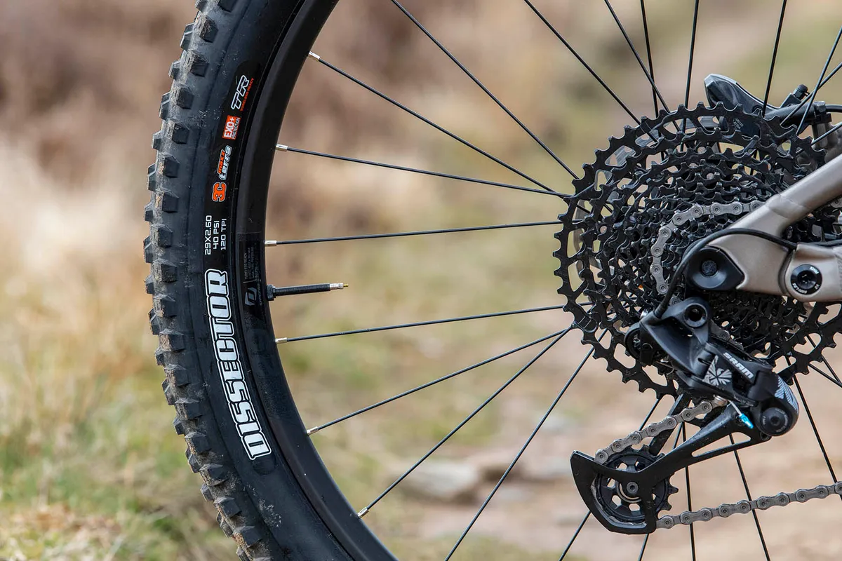 Maxxis Dissector tyre on the rear of the Scott Ransom 920 full suspension mountain bike