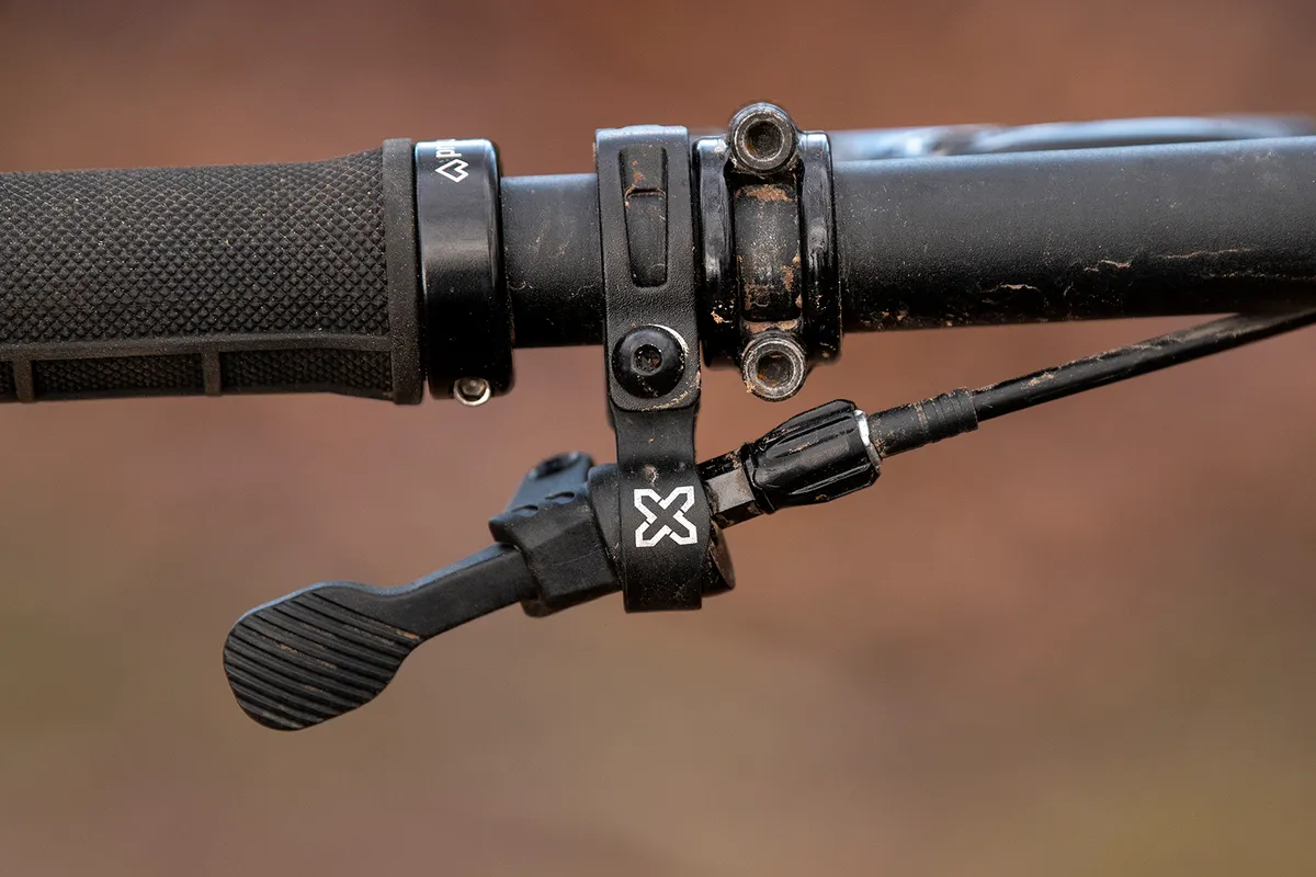 Remote for the X-Fusion Manic dropper post on the Sonder Signal ST NX hardtail mountain bike