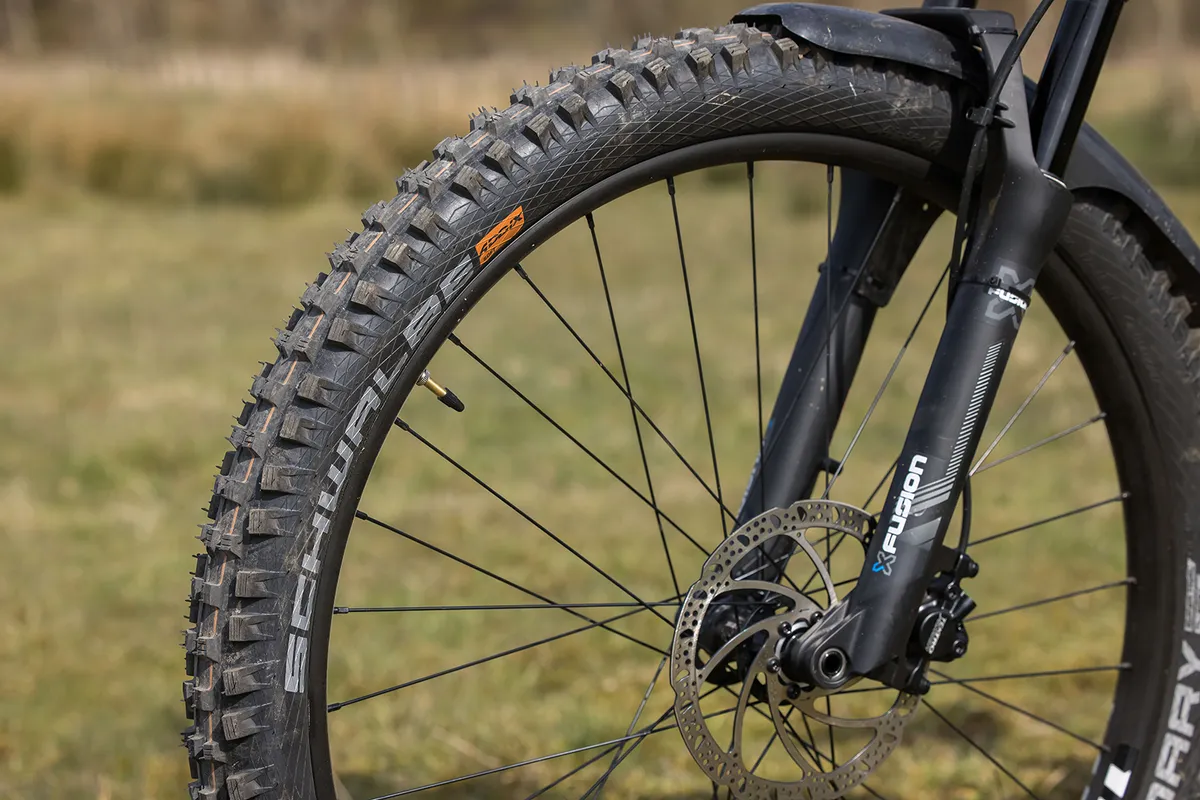 Schwalbe Magic Mary SnakeSkin tyre on the front of the Vitus Sentier 27 hardtail mountain bike