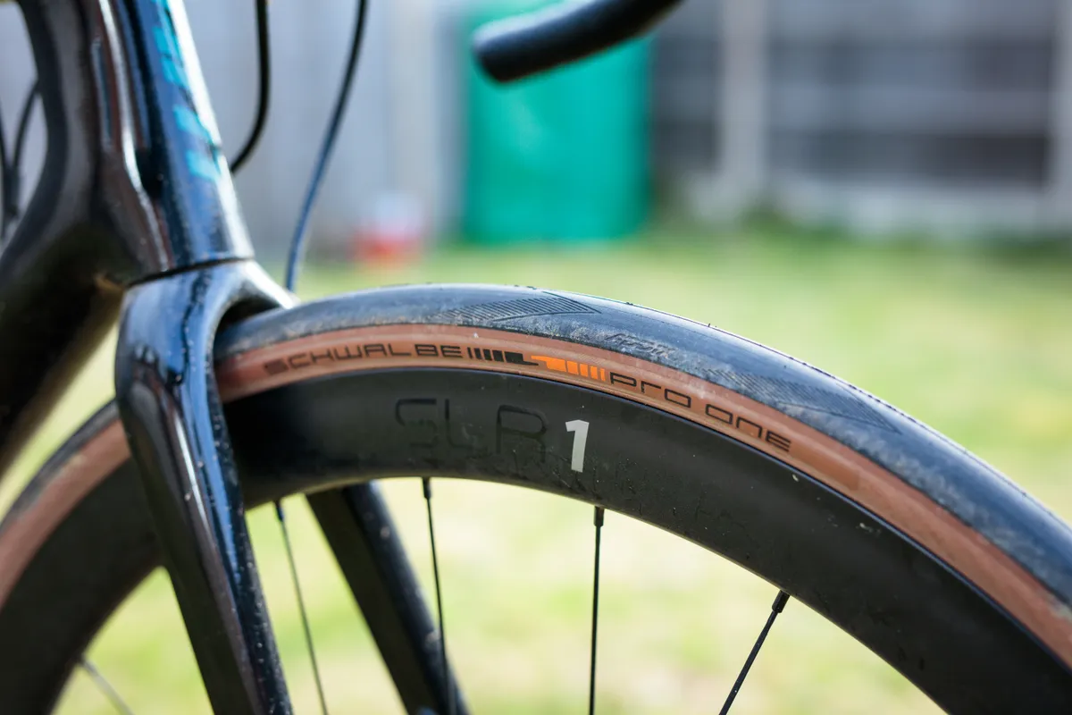Schwalbe Pro One TLE Transparent on Giant SLR 1 front wheel