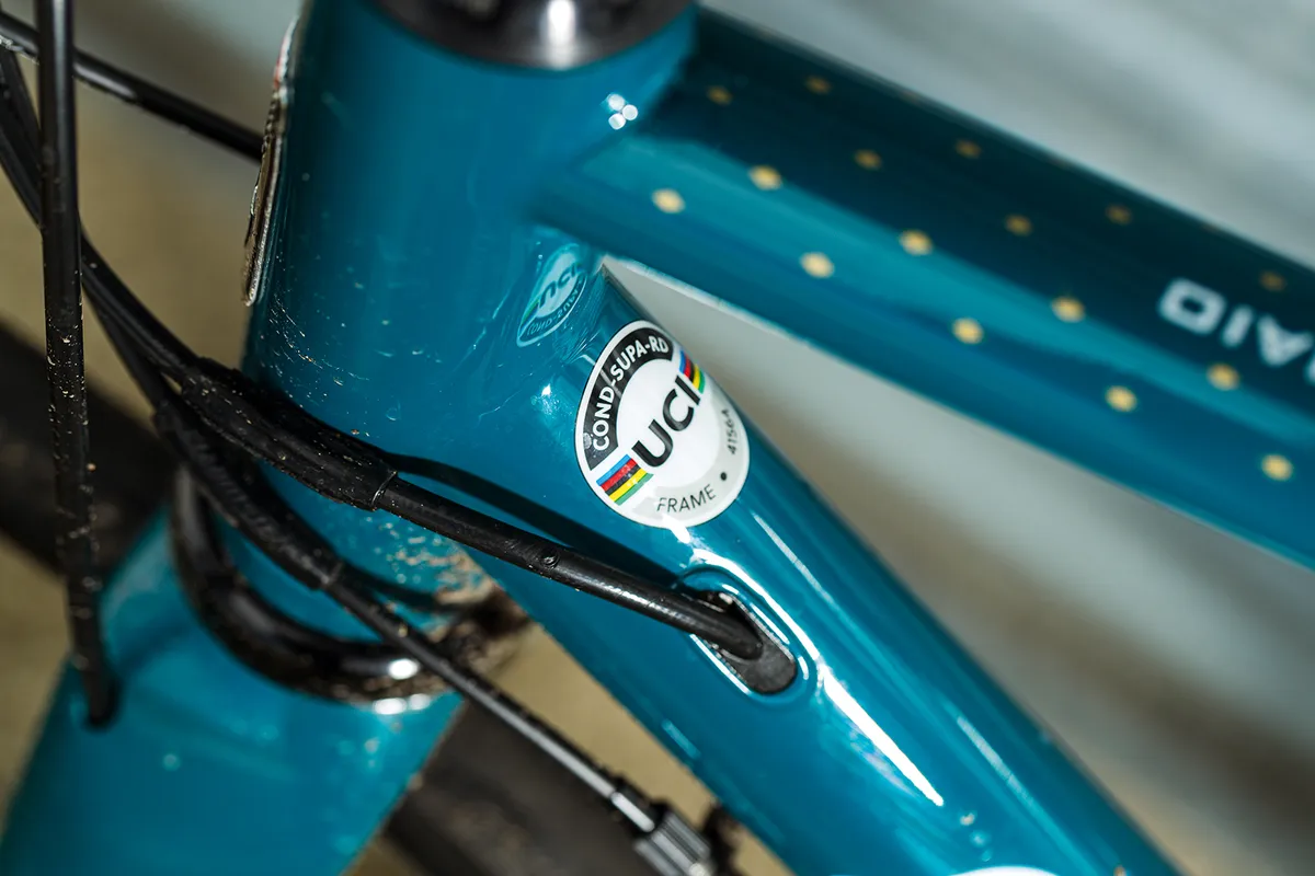 UCI badge on the down tube of the Condor Super Acciaio Disc road bike