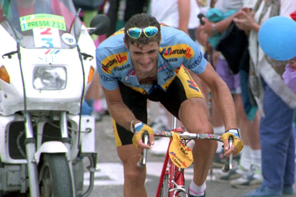 18 JUL 1994: EVENTUAL STAGE WINNER EROS POLI OF ITALY CLIMBS MONT VENTOUX AFTER BREAKING AWAY FROM THE CHASING PACK ON STAGE FIFTEEN OF THE 1994 TOUR DE FRANCE. Mandatory Credit: Pascal Rondeau/ALLSPORT