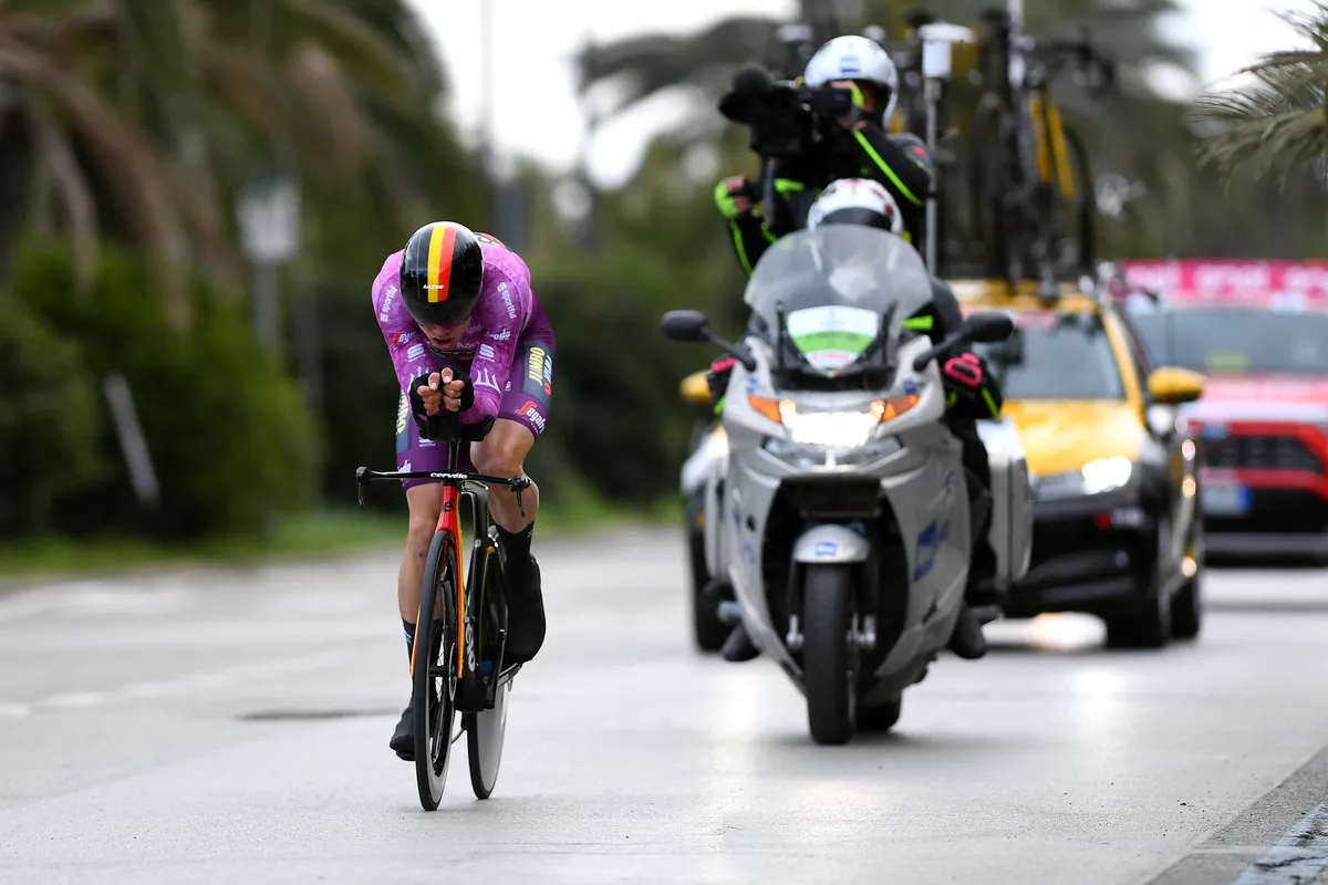 SAN BENEDETTO DEL TRONTO, ITALY - MARCH 16: Wout Van Aert of Belgium and Team Jumbo - Visma Purple Sprint Jersey during the 56th Tirreno-Adriatico 2021, Stage 7 a 10,1km Individual Time Trial stage from San Benedetto del Tronto to San Benedetto del Tronto / ITT / #TirrenoAdriatico / on March 16, 2021 in San Benedetto del Tronto, Italy. (Photo by Tim de Waele/Getty Images)