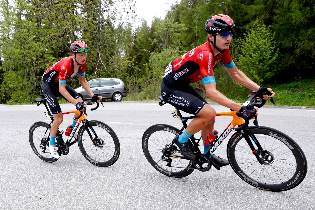 Jack Haig and Mark Padun riding an unreleased Merida road bike at the 2021 Critérium du Dauphiné