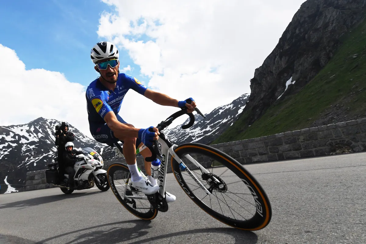 ANDERMATT, SWITZERLAND - JUNE 12: Julian Alaphilippe of France and Team Deceuninck - Quick-Step during the 84th Tour de Suisse 2021, Stage 7 a 23,2km Individual Time Trial stage from Disentis-Sedrun to Andermatt / ITT / Mountains / Snow / Landscape / #UCIworldtour / @tds / #tourdesuisse / on June 12, 2021 in Andermatt, Switzerland. (Photo by Tim de Waele/Getty Images)