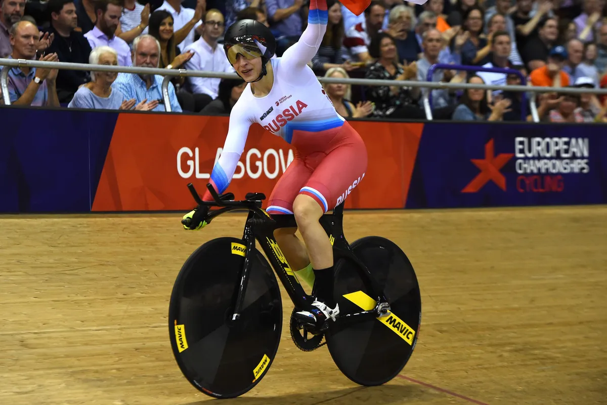 Russia's Daria Shmeleva celebrates her victory in the women's 500m time trial final of the track cycling at the Sir Chris Hoy velodrome during the 2018 European Championships in Glasgow on August 6, 2018. (Photo by Andy BUCHANAN / AFP) (Photo credit should read ANDY BUCHANAN/AFP via Getty Images)