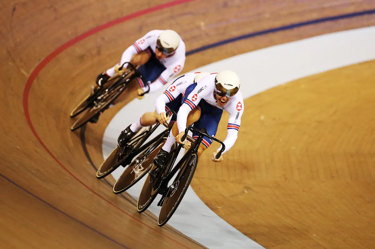 GLASGOW, SCOTLAND - NOVEMBER 08: Ryan Owens, Jack Carlin and Jason Kenny of Great Britain compete in the first round of the Men's Team Sprint during Day One of The UCI Track Cycling World Cup at Sir Chris Hoy Velodrome on November 08, 2019 in Glasgow, Scotland. (Photo by Ian MacNicol/Getty Images)