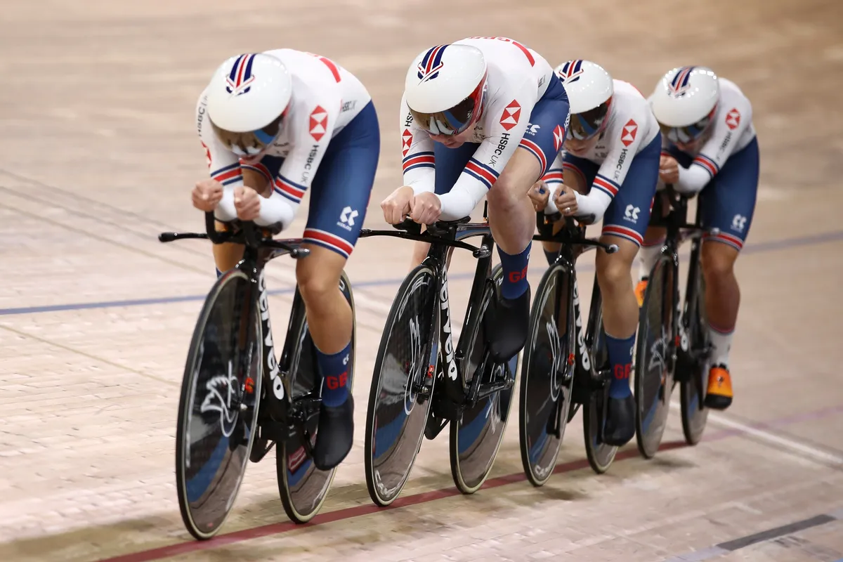 BERLIN, GERMANY - FEBRUARY 27: Members of Team Great Britain Elinor Barker, Katie Archibald, Eleanor Dickinson and Neah Evans compete during the Women's Team Pursuit Final during day 2 of the UCI Track Cycling World Championships Berlin at Velodrom on February 27, 2020 in Berlin, Germany. (Photo by Maja Hitij/Getty Images)