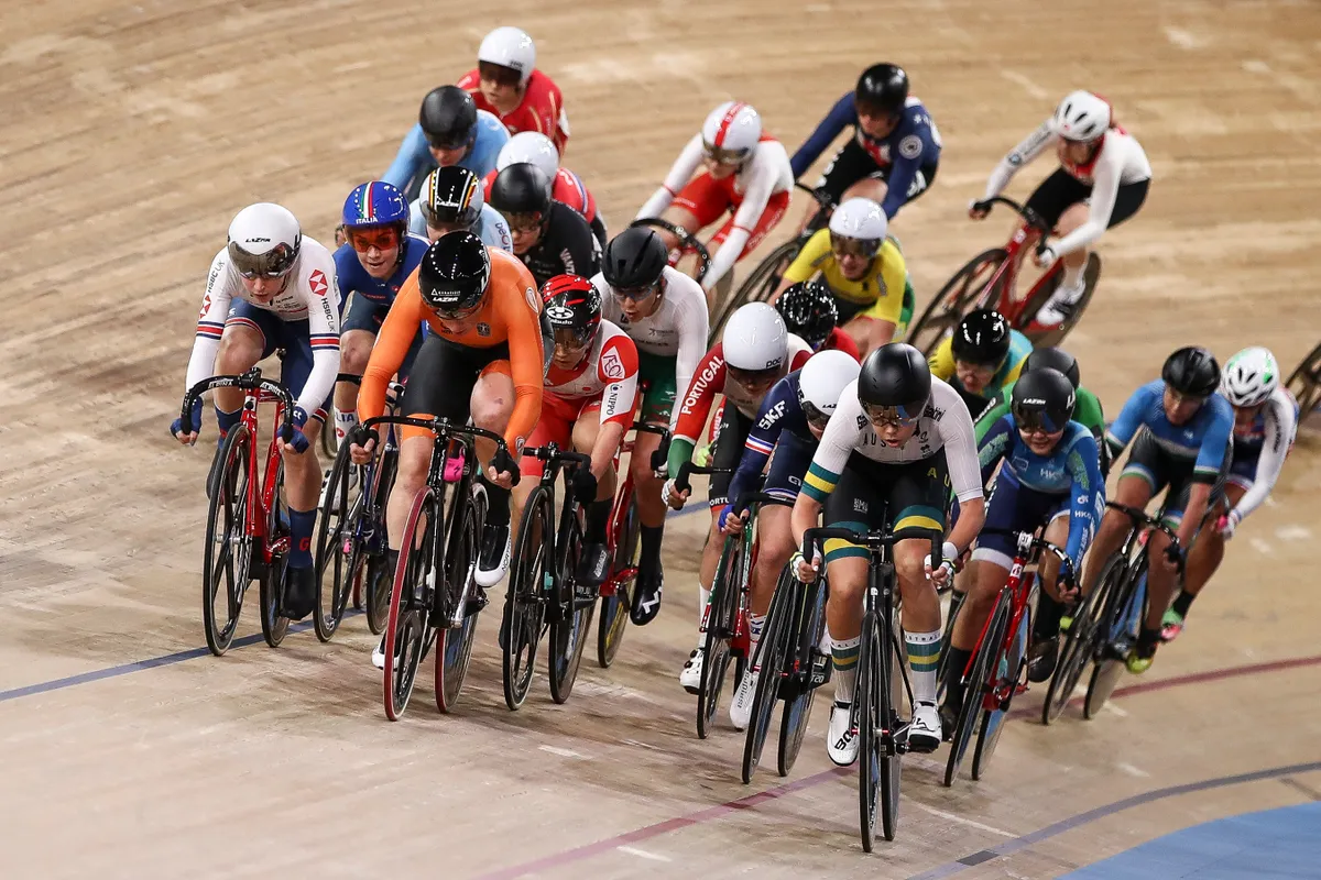 BERLIN, GERMANY - FEBRUARY 28: Kirsten Wild of the Netherlands (2L front), and Laura Kenny (L) of Great Britain compete during Women's Omnium - Scratch Race during day 3 of the UCI Track Cycling World Championships Berlin at Velodrom on February 28, 2020 in Berlin, Germany. (Photo by Maja Hitij/Getty Images)