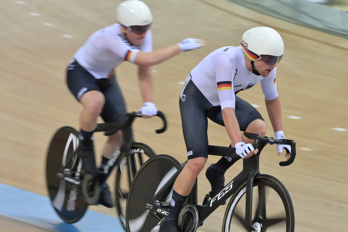 Germany competes in the final of the men's madison on the third day of the UCI Track Cycling Nations Cup in Hong Kong on May 15, 2021. (Photo by Peter PARKS / AFP) (Photo by PETER PARKS/AFP via Getty Images)