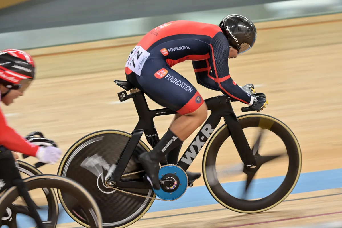 Muhammad Fadhil Mohd Zonis of Sime Darby Foundation team from Malaysia (R) wins the final of the mens keirin on the third day of the UCI Track Cycling Nations Cup in Hong Kong on May 15, 2021. (Photo by Peter PARKS / AFP) (Photo by PETER PARKS/AFP via Getty Images)