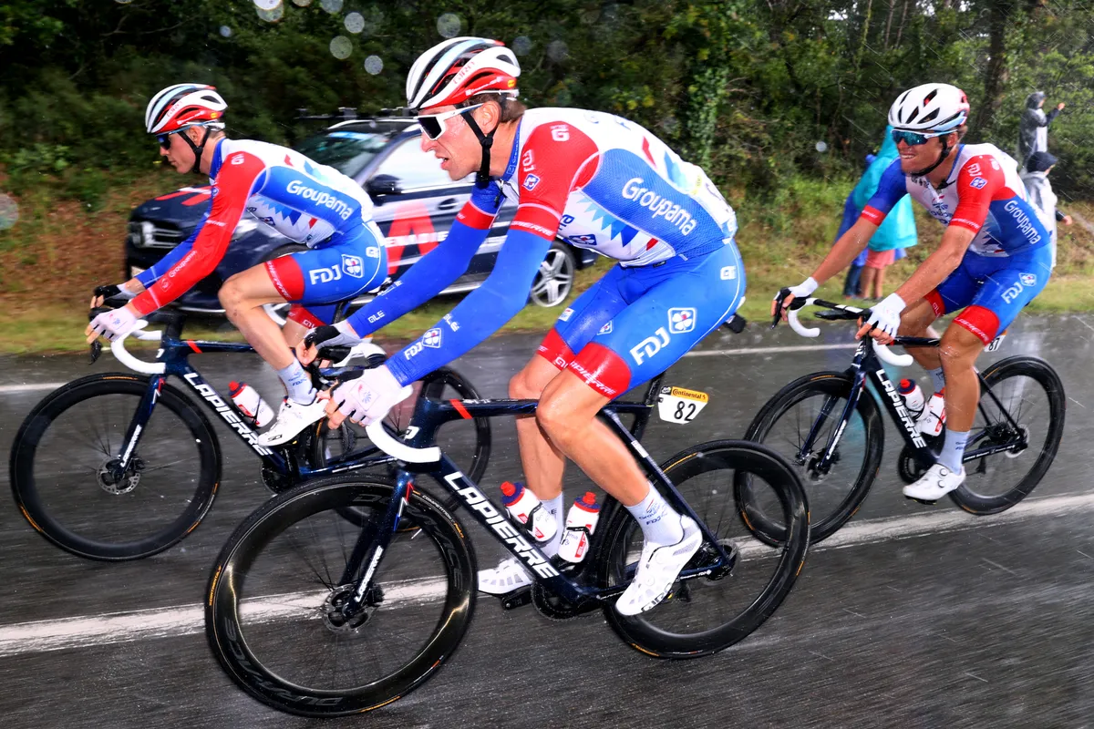 David Gaudu of France, Bruno Armirail of France and Valentin Madouas of Groupama–FDJ are all on the new Xelius SL, seen here on stage 3