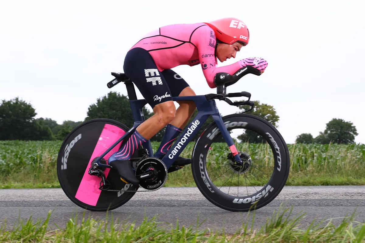 LAVAL ESPACE MAYENNE, FRANCE - JUNE 30: Stefan Bissegger of Switzerland and Team EF Education - Nippo during the 108th Tour de France 2021, Stage 5 a 27,2km Individual Time Trial stage from Changé to Laval Espace Mayenne 90m / ITT/ @LeTour / #TDF2021 / on June 30, 2021 in Laval Espace Mayenne, France. (Photo by Michael Steele/Getty Images)