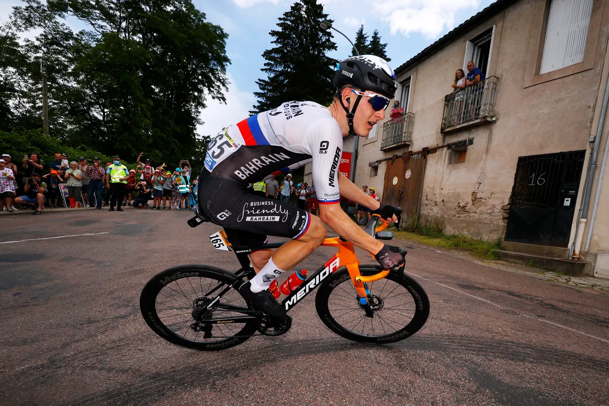 LE CREUSOT, FRANCE - JULY 02: Matej Mohorič of Slovenia and Team Bahrain - Victorious in breakaway during the 108th Tour de France 2021, Stage 7 a 249,1km km stage from Vierzon to Le Creusot 369m / @LeTour / #TDF2021 / on July 02, 2021 in Le Creusot, France. (Photo by Chris Graythen/Getty Images)