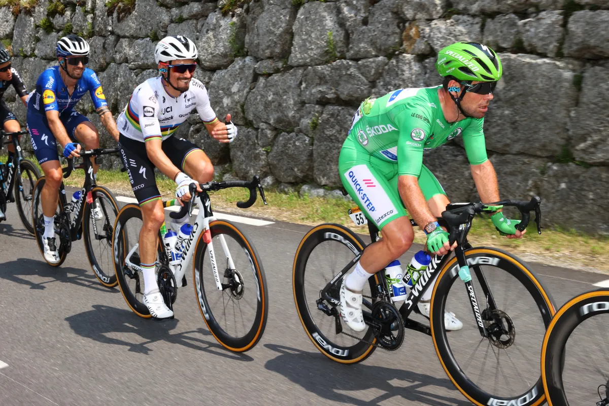 VALENCE, FRANCE - JULY 06: Julian Alaphilippe of France and Team Deceuninck - Quick-Step & Mark Cavendish of The United Kingdom and Team Deceuninck - Quick-Step Green Points Jersey during the 108th Tour de France 2021, Stage 10 a 190,7km stage from Albertville to Valence / @LeTour / #TDF2021 / on July 06, 2021 in Valence, France. (Photo by Michael Steele/Getty Images)